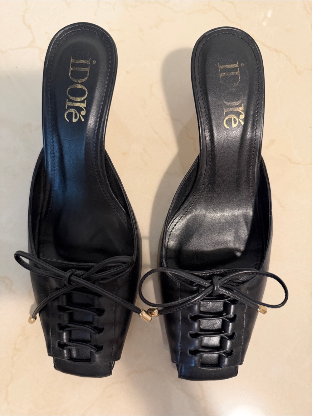 Black Leather Lace-Front Mule Heels